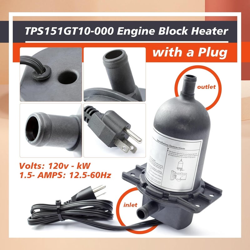 Mhrxusd TPS151GT10-000 Engine Block Heater with Plug Compatible with Diesel & Gas Engines Generator Tractor Truck Bus Boat 120V 1500W Option 100-120F Coolant Preheater Replace Parts TPS151GT8-000 - Image 2
